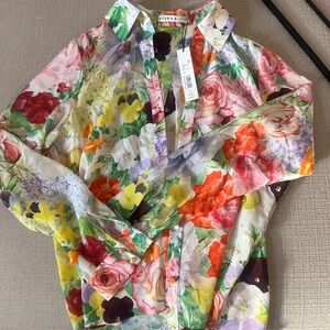 Alice + Olivia Floral Multicolor Button-Up Blouse in Red, Pink, Yellow and Green